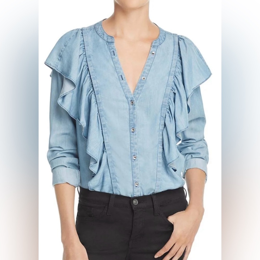 Paige Chambray Ruffled Tencel Button Down Shirt In Light Wash Size M